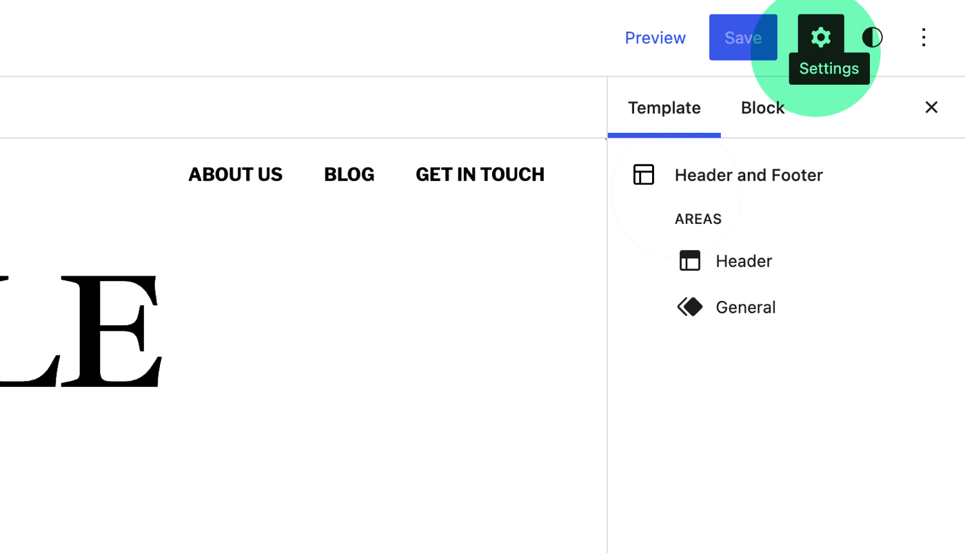 The Settings button in the new WordPress Full Site Editing editor.