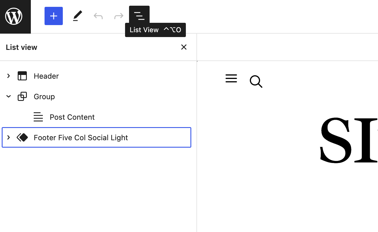 The list view and block and pattern inserter button in the WordPress Full Site Editing editor.