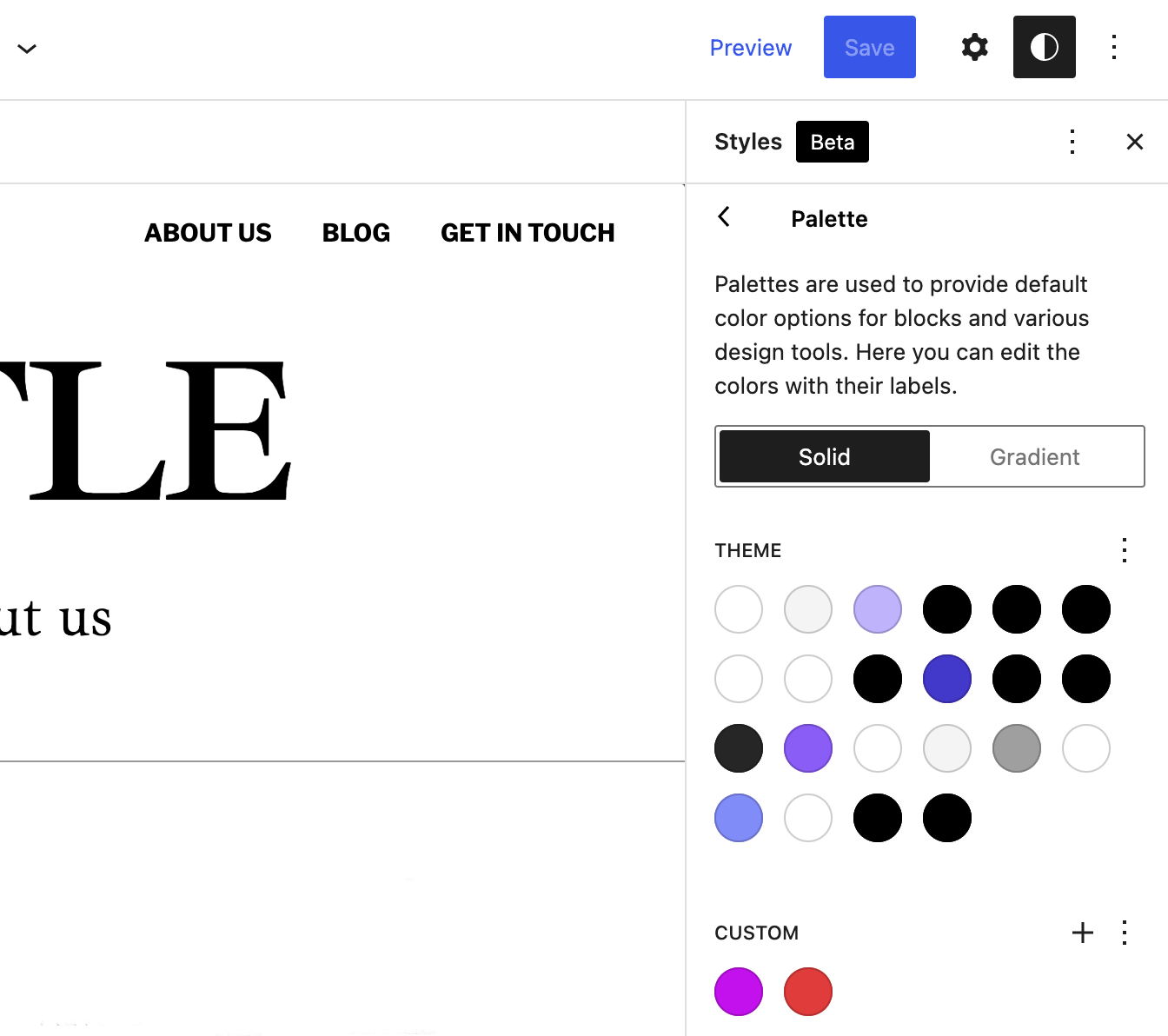 Full Site Editing Editor with the Styles Color Palette.